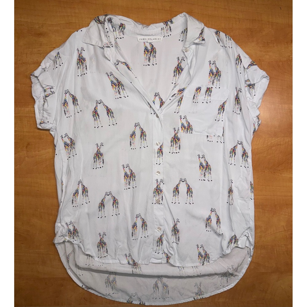 Jane + Delancey Rainbow Giraffe Print Button Down Rayon Shirt White Large